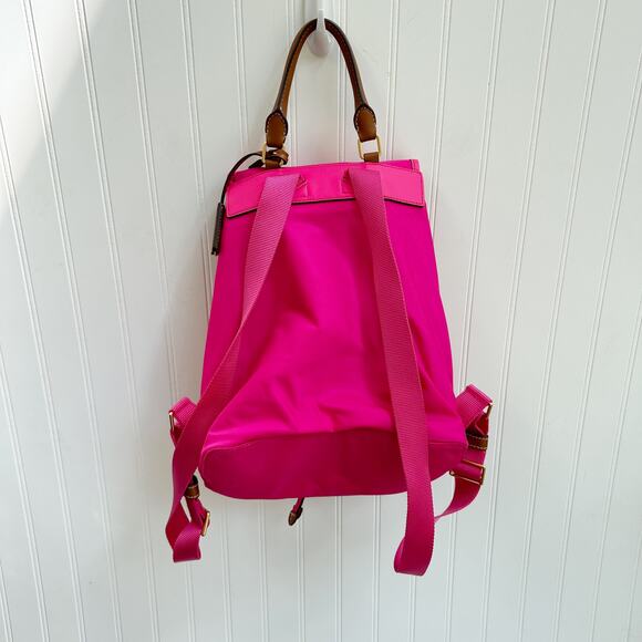 Tory Burch Perry Nylon Flap Backpack Bright Pink Fuchsia Leather Trim Bag - Picture 4 of 16